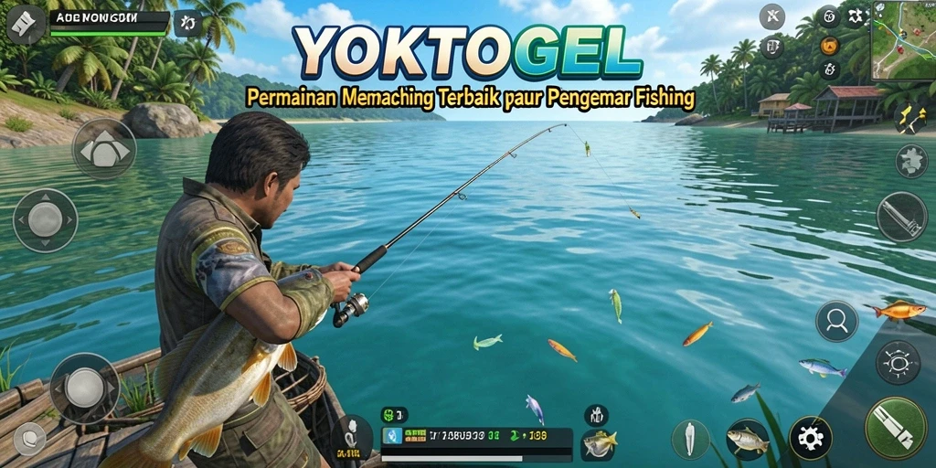 Tampilan gameplay YOKTOGEL menampilkan pemancing menangkap ikan di laut.