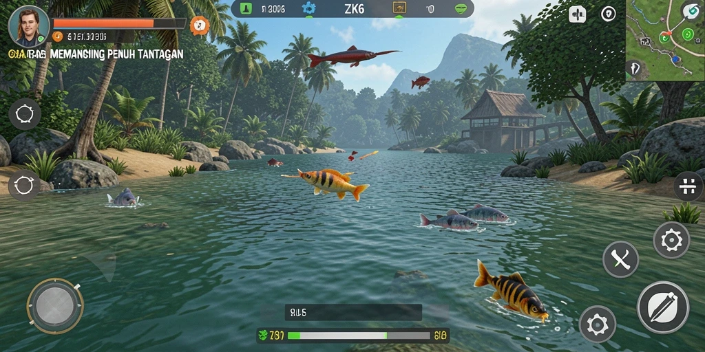 Screenshot dari gameplay ZK6 menampilkan aksi memancing yang menarik.